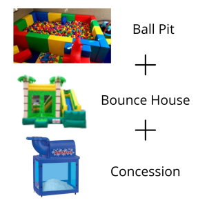 Extra Large Ball Pit (9’X7′) – 11’X11′, 1 Bounce House, & 1 Concession